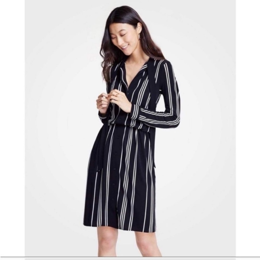 Ann Taylor minimalist contemporary neck tie stripe midi dress - Picture 4 of 14